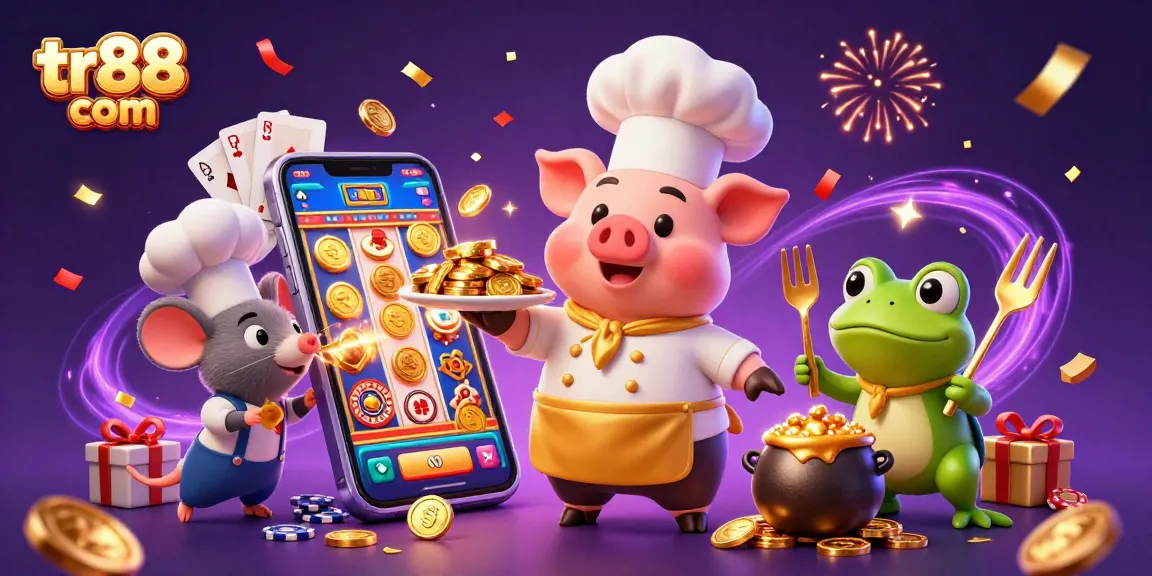 Experience exciting games at TR88 com with our chef pig, sous-chef mouse, and critic frog enjoying gold coins!