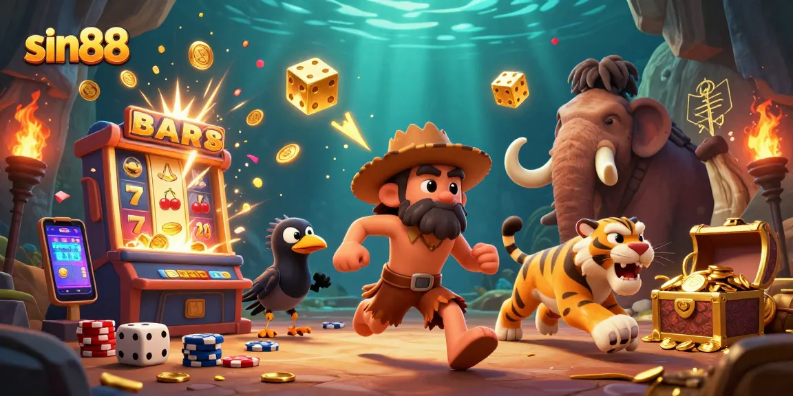 Experience the thrilling casino atmosphere with sin88, featuring prehistoric characters and exciting game elements.