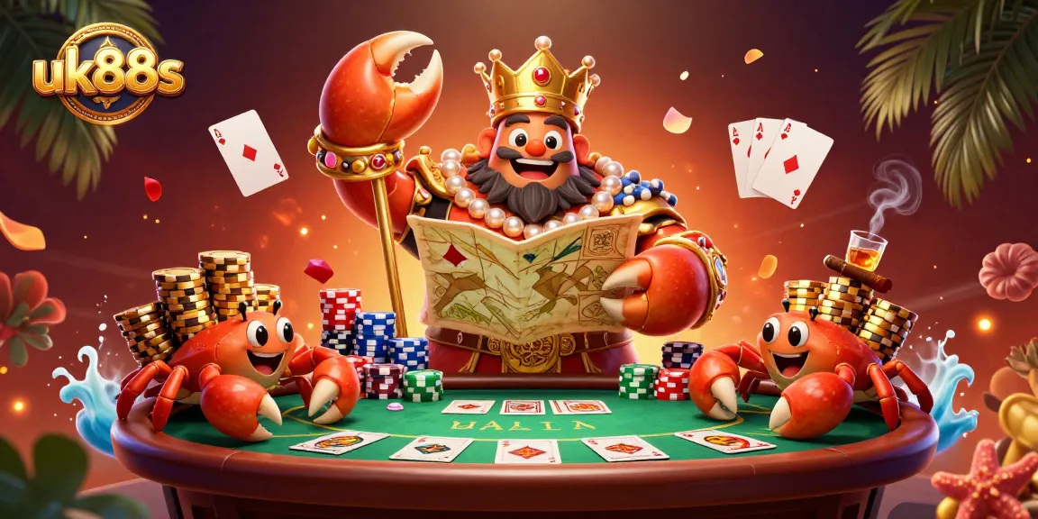 uk88s engages players in a vibrant casino scene with a golden crab emperor and poker elements.