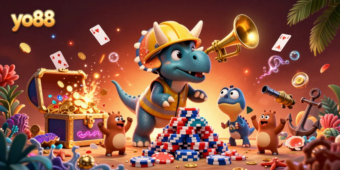 Experience yo88 gaming excitement as dinosaurs celebrate building poker chip pyramids.