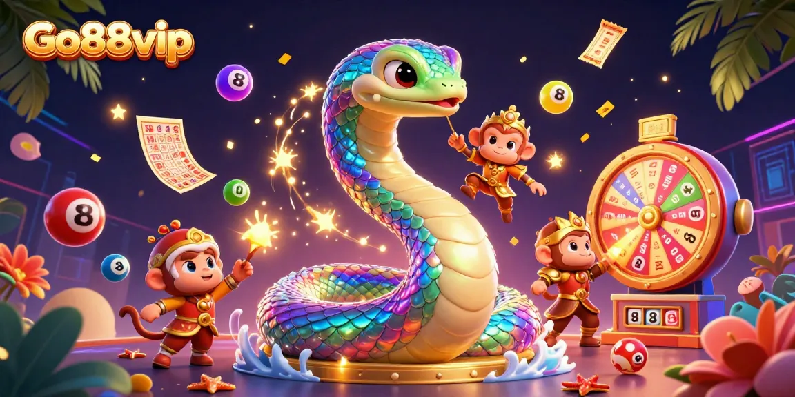 Join the excitement at Go88vip with a vibrant 3D scene featuring games, jackpot elements, and magical characters.