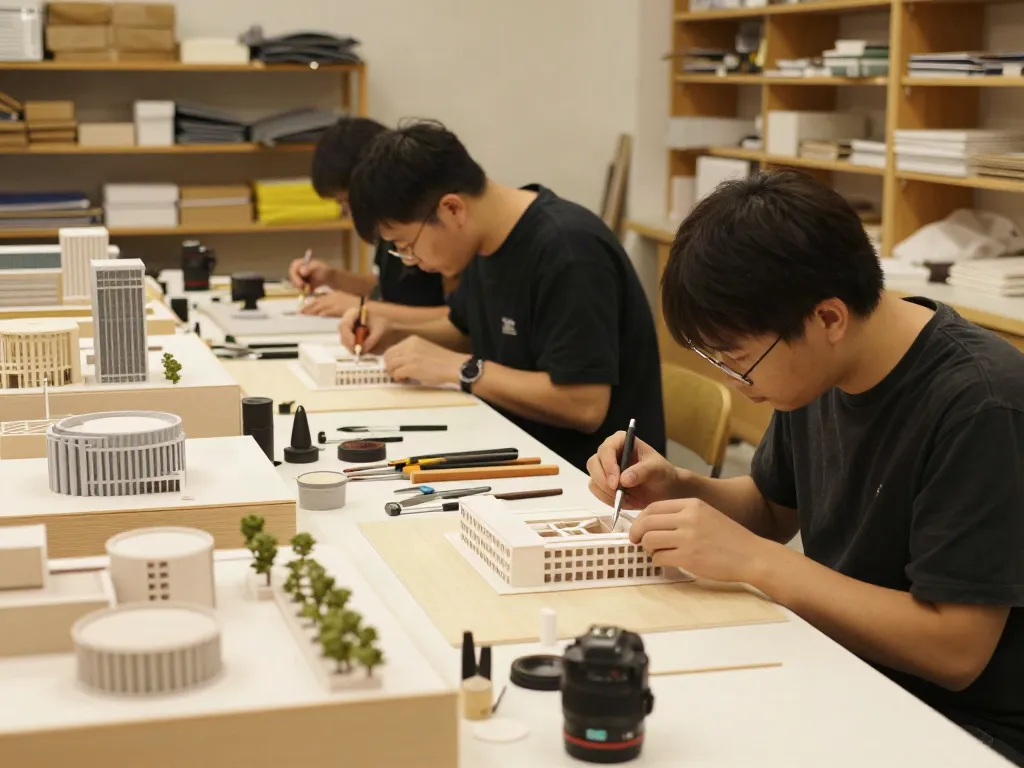 Architekturmodellbau Schweiz: Handwerker bei der präzisen Erstellung von Architekturmodellen in einem professionellen Atelier.
