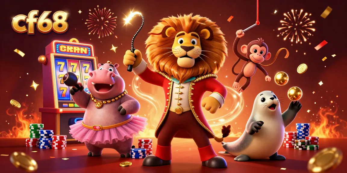 Experience exciting games at cf68, featuring a vibrant slot machine and festive circus characters.