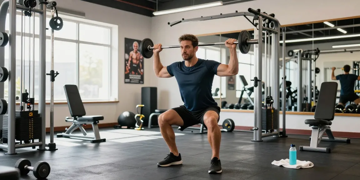 Medi Pharma Steroid Shop: Aktiver Mann beim Gewichtheben im Fitnessstudio mit motivierenden Elementen.