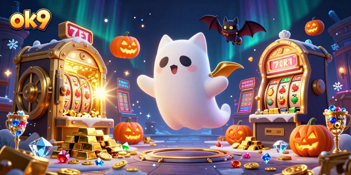 Experience thrilling gameplay at ok9 with a ghost cat and vampire bat in a haunted casino scene.