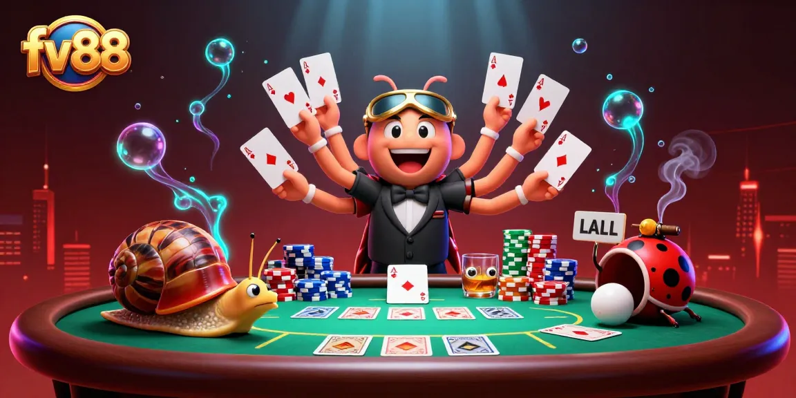 Experience thrilling action at FV88 with a dynamic poker scene featuring a millipede dealer and high-roller snail.