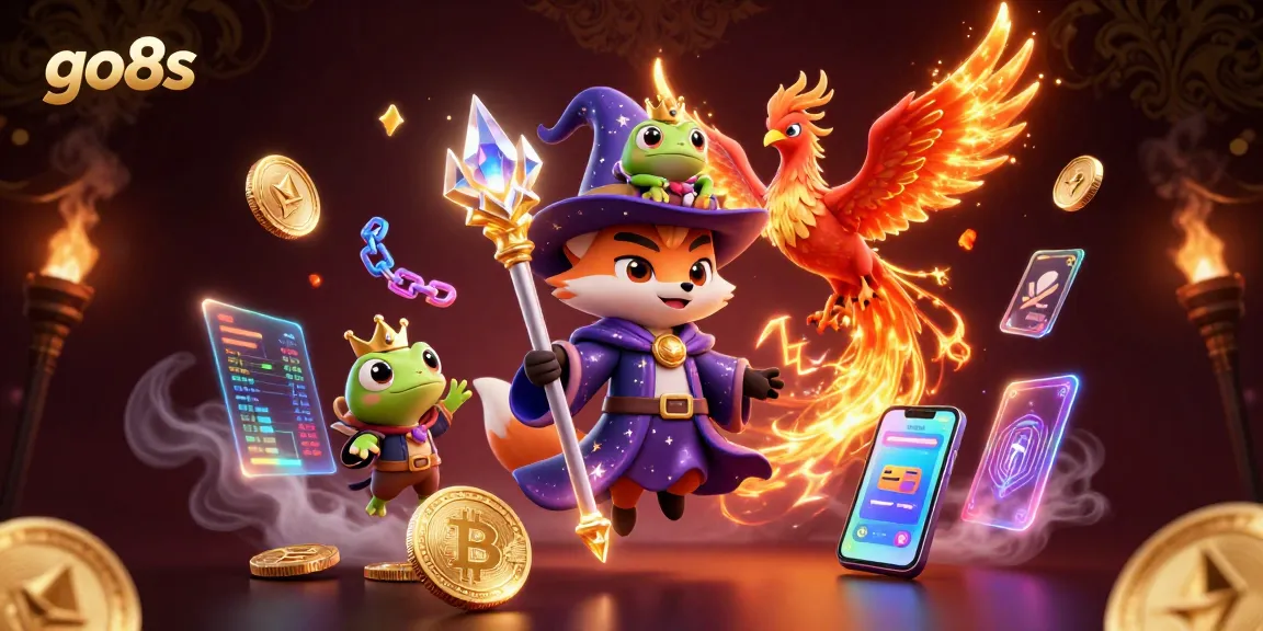 Experience thrilling betting action with go8s featuring a wizard fox, phoenix, and crypto elements in a vibrant casino setting.