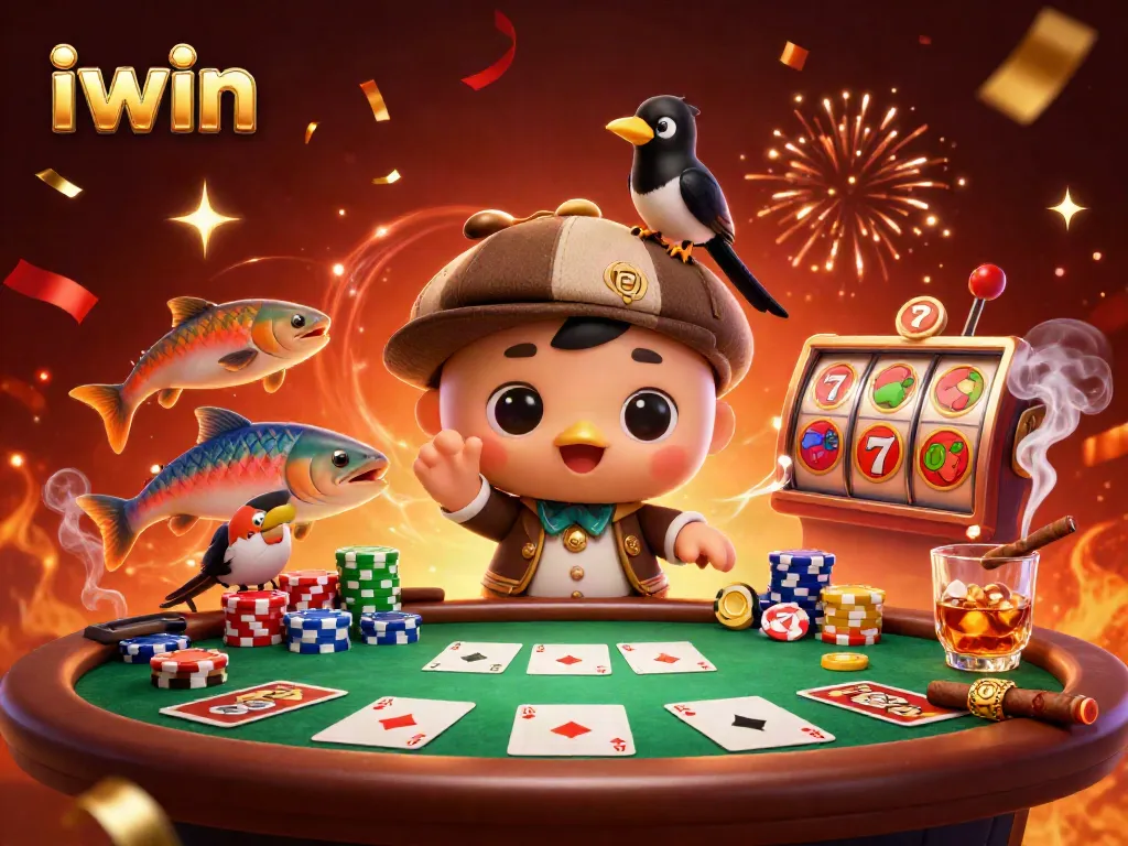 Engage with the vibrant iwin scene featuring a cute Nessie and poker elements for gamblers.