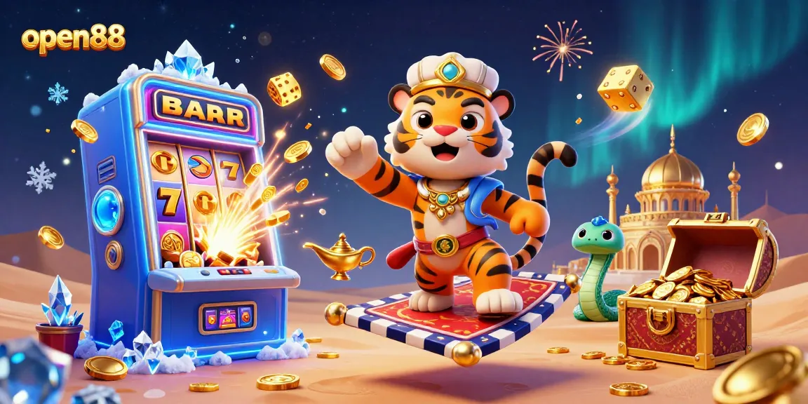 Open88 captures the excitement of gaming with a dazzling tiger sultan and jackpot-themed elements.