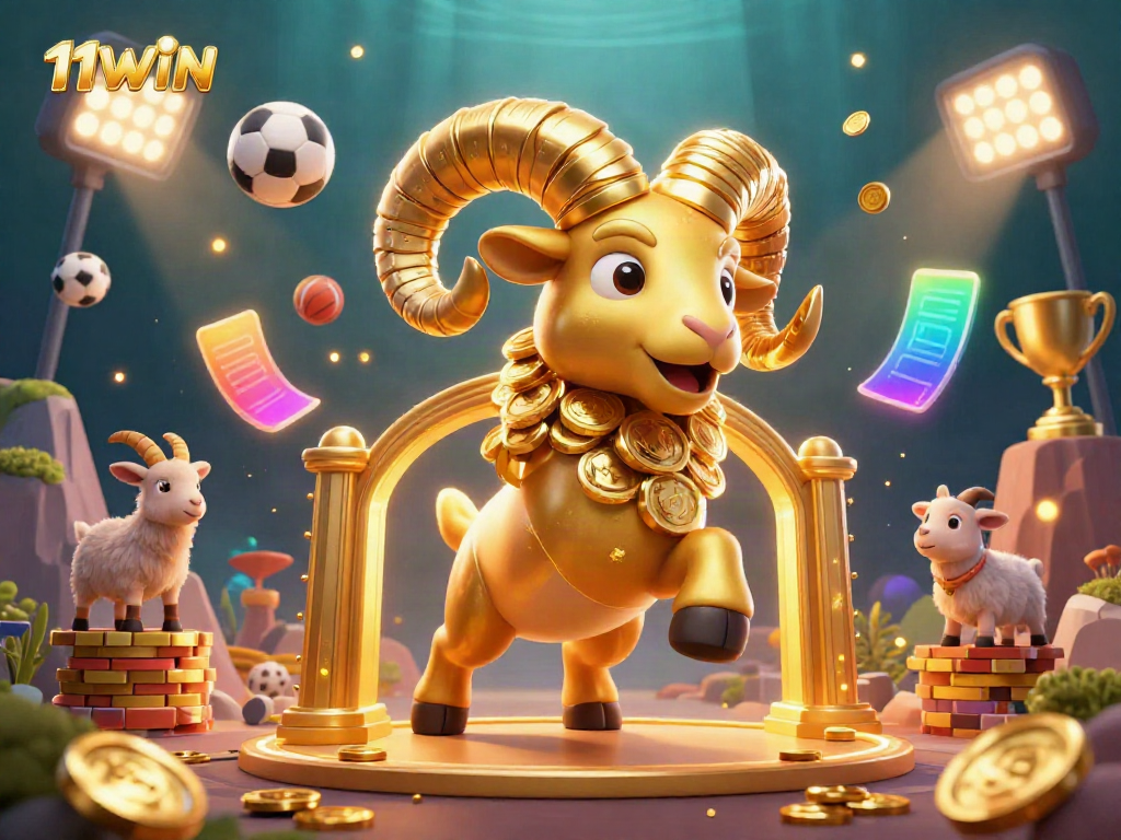 Experience the thrill of betting at 11WIN with a vibrant, dynamic 3D casino scene featuring a golden ram and sports elements.