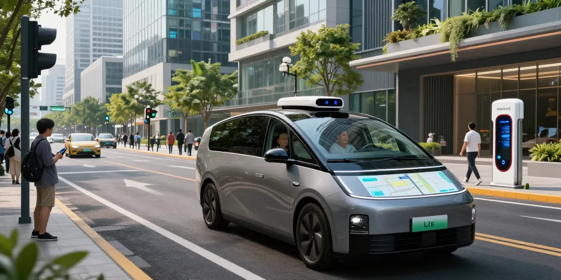 Autonomous driving vehicle navigating a futuristic urban landscape with smart technology and relaxed passengers.