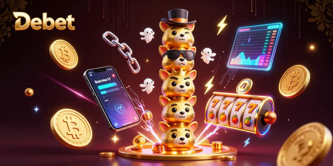 Experience excitement with Debet's vibrant 3D casino art showcasing crypto elements and animated characters.