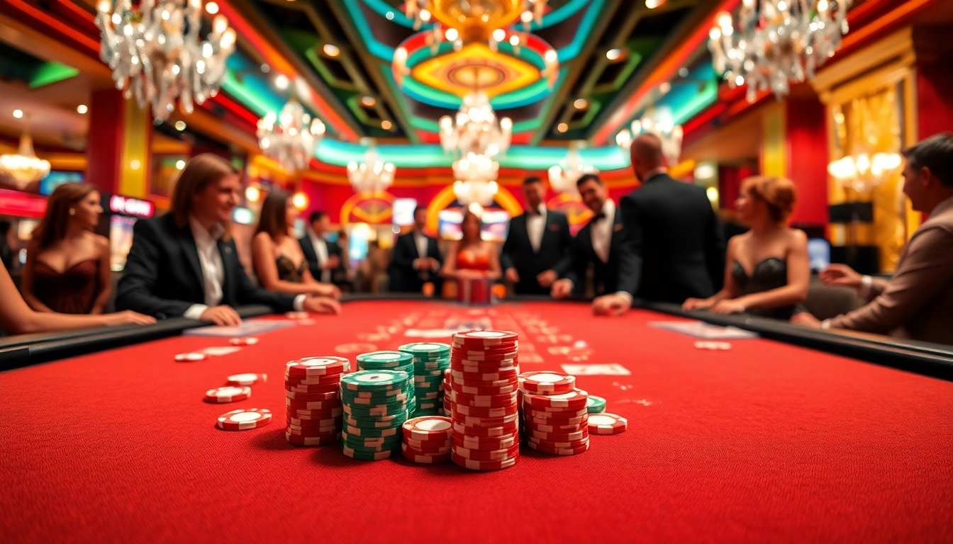 Az online casino izgalmas atmoszféráját bemutató játékasztal, élénk színekkel és játékosokkal.