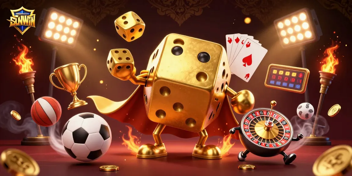 SUNWIN players engage in fun gambling with a dynamic 3D casino scene featuring golden dice, sports balls, and a lively atmosphere.