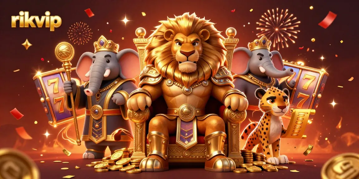 Play slots at rikvip with an exciting lion king and vibrant casino elements illuminating the scene.