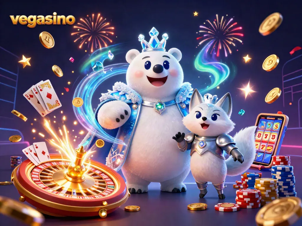 Experience the excitement of vegasino with the ice king and snow fox in a vibrant casino scene.