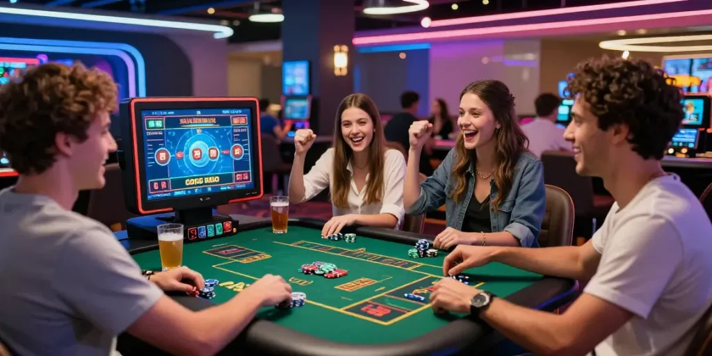 Experience the thrill of online gaming at https://iwinnk.jp.net/ with friends in a vibrant casino setting.