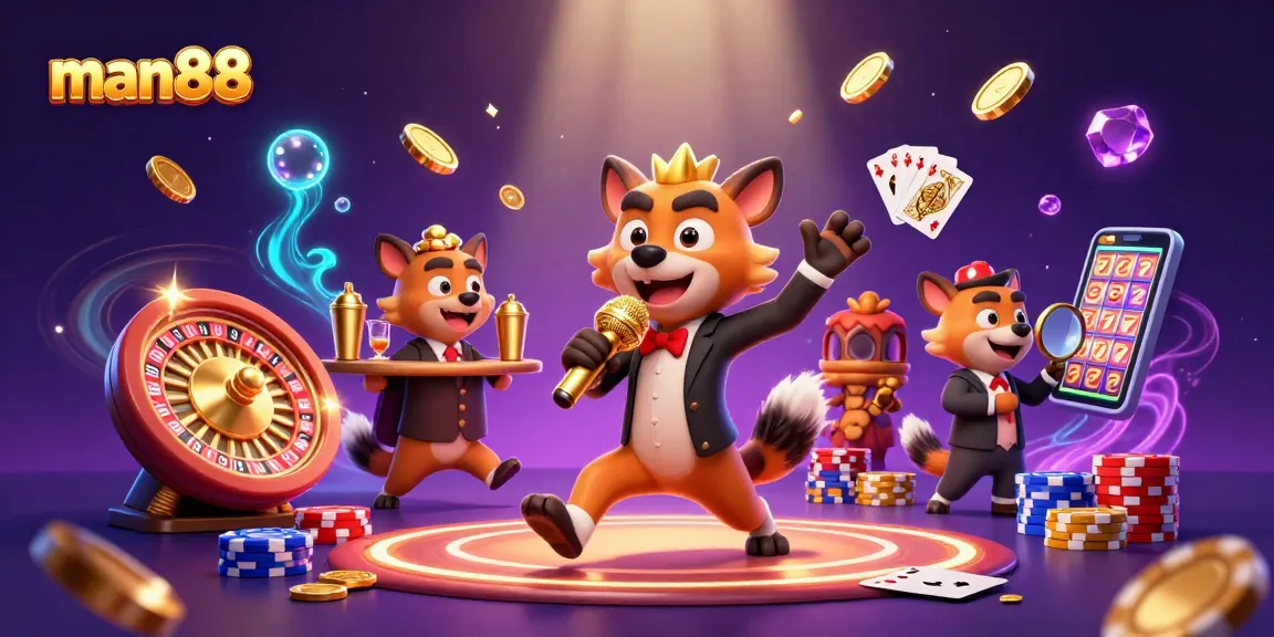 Experience fun at man88 with hyenas in a dynamic casino scene filled with gold coins and luxury elements.