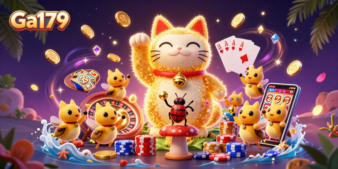 Experience the Ga179 casino world with a vivid lucky cat and vibrant casino elements.