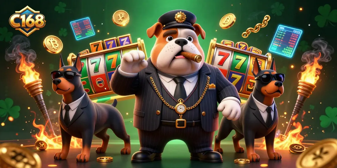C168 casino banner showcasing a bulldog mafia boss and Doberman bodyguards amid dynamic slot game elements.