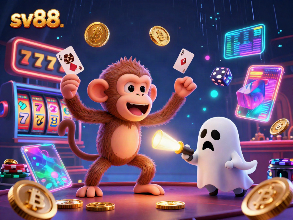 Engage with SV88's playful ghostly theme, showcasing a monkey juggling golden casino elements in a haunted setting.
