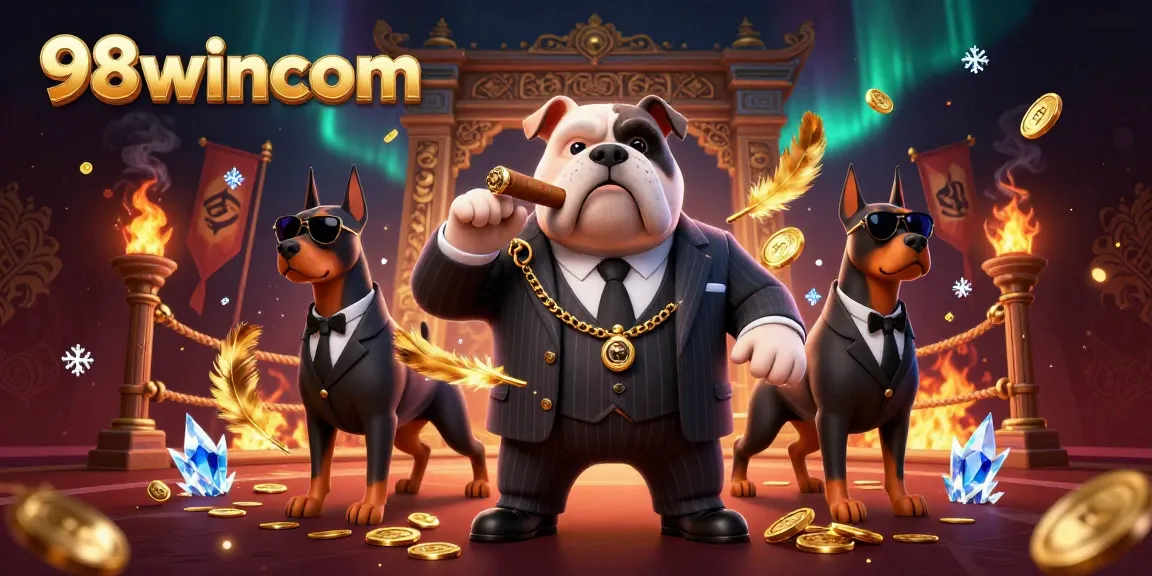 Engage with the vibrant 98wincom casino scene featuring animated gambling icons and characters.