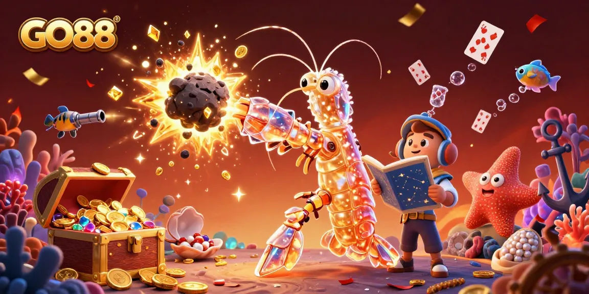 Engage with GO88's thrilling atmosphere as a galactic samurai mantis shrimp unveils treasures in a vibrant casino world.
