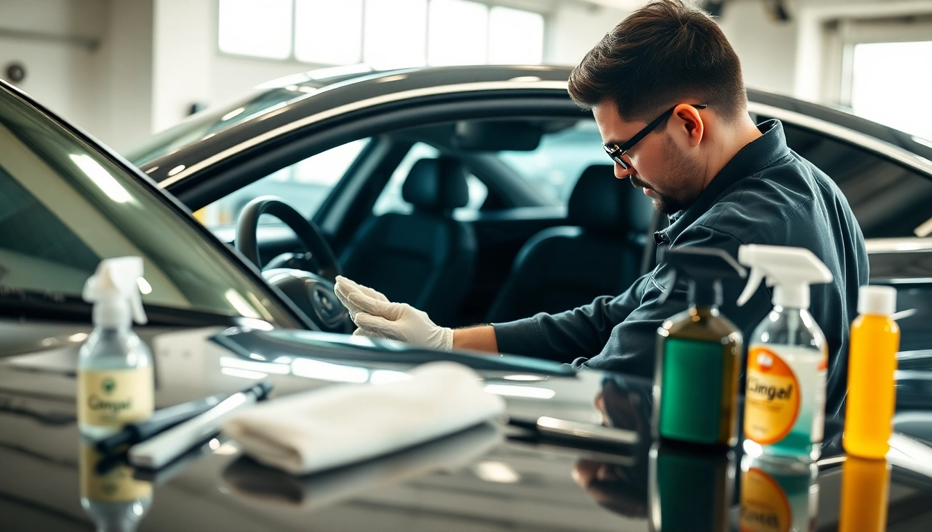 Autoaufbereitung für Leasingrückgabe in einem modernen Garagenumfeld mit einem Techniker, der ein Fahrzeug reinigt.