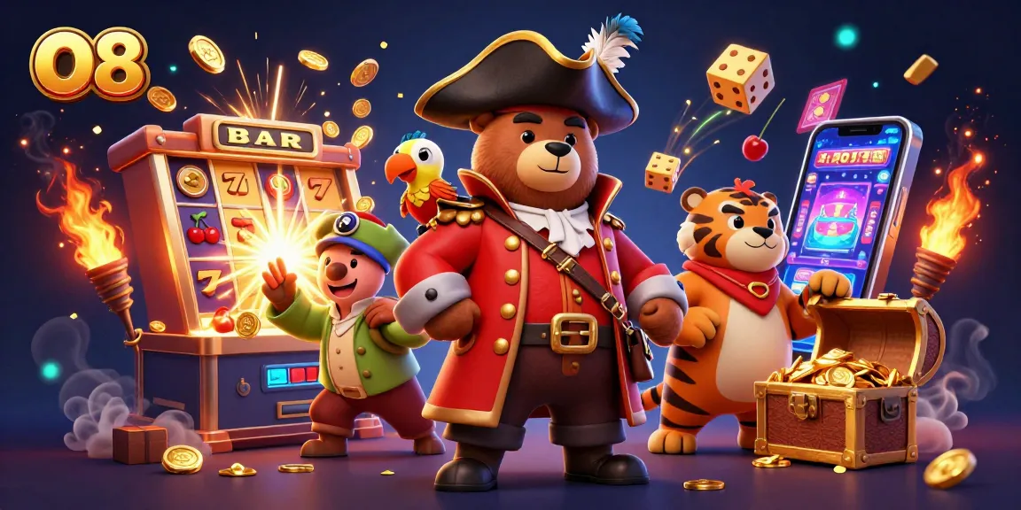 Spin to win with O8 as the pirate captain bear leads the adventure through a vibrant casino world.