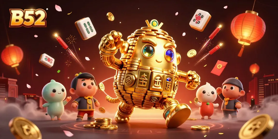 Engage with the thrilling B52 online casino experience, showcasing a vibrant 3D golden golem amidst dynamic gambling elements.