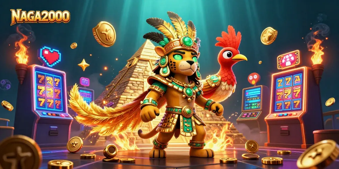 NAGA2000 menampilkan adegan 3D yang menarik dengan seorang pendeta jaguar Maya dan mesin slot yang cerah.