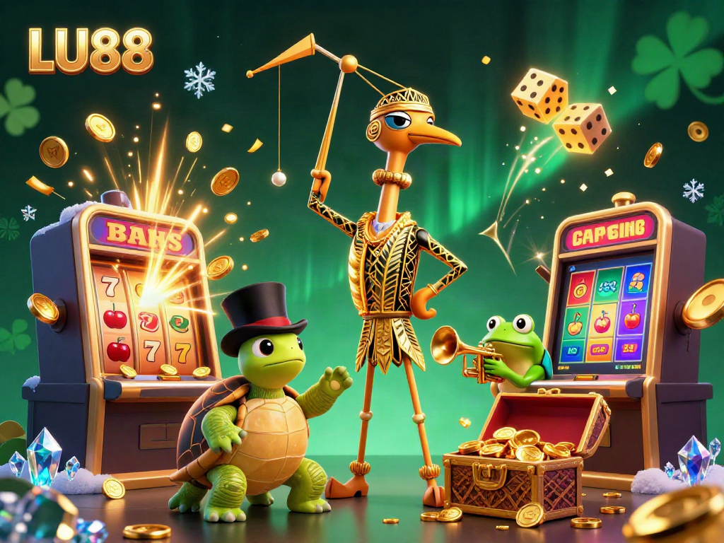 LU88 showcases thrilling slot action with vibrant characters and dynamic gaming elements in a lively casino scene.