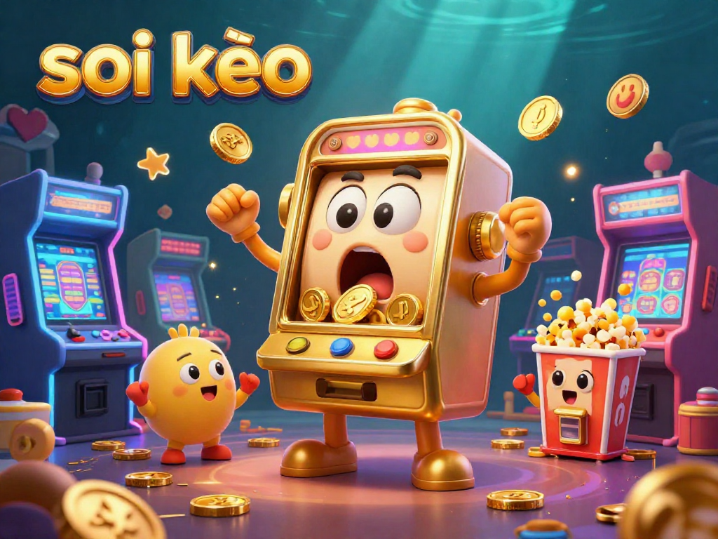 Engage in thrilling soi kèo action as a cartoon golden slot machine wins its jackpot while cheerful baby slots cheer.
