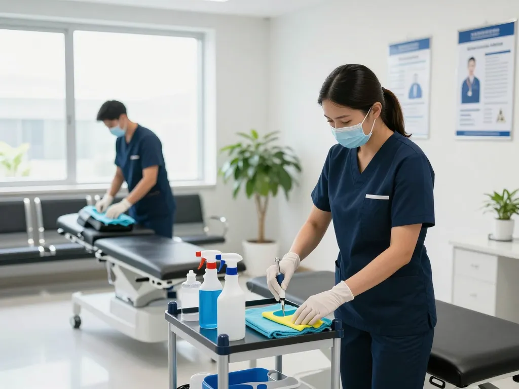 Professionelle Praxisreinigung in Münster mit einem Reinigungsteam, das medizinische Büros und Wartebereiche für eine hygienische Umgebung desinfiziert.