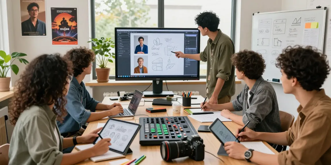 Team collaborating on a digital mix board in a bright creative workspace, showcasing innovation and teamwork.