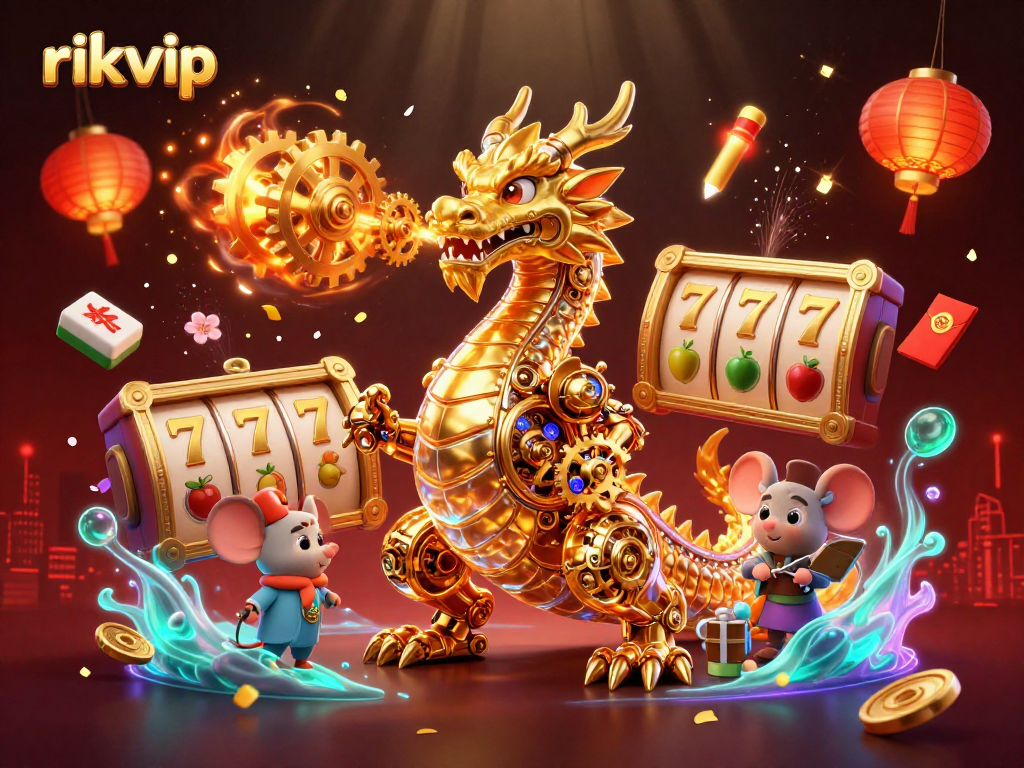 Experience thrilling gameplay with rikvip in this vibrant 3D casino digital art featuring dynamic slot elements.