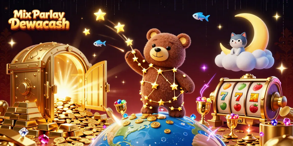 Engage with Mix Parlay Dewacash and discover slot reels alongside golden treasures in a stunning casino scene.