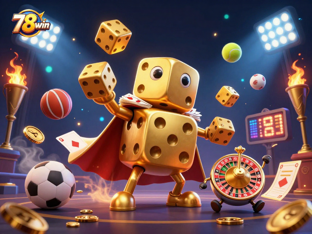 Engaging players with winning strategies at 78win, featuring a whimsical golden dice golem and dynamic sports elements.