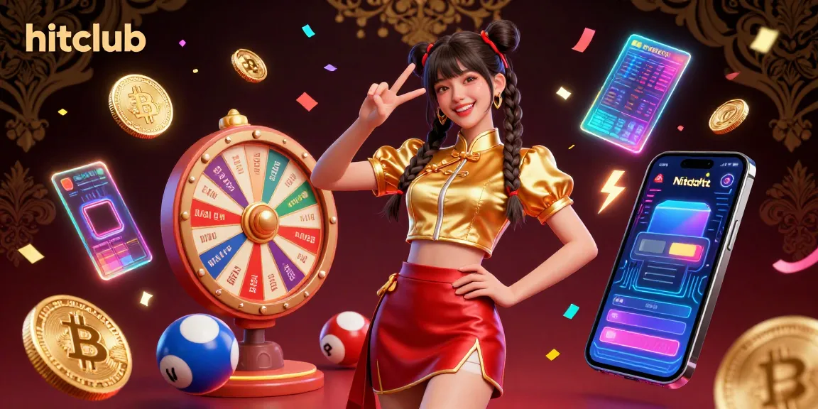 Hitclub celebrates vibrant gaming with an energetic Asian woman amidst colorful lottery balls and crypto coins.
