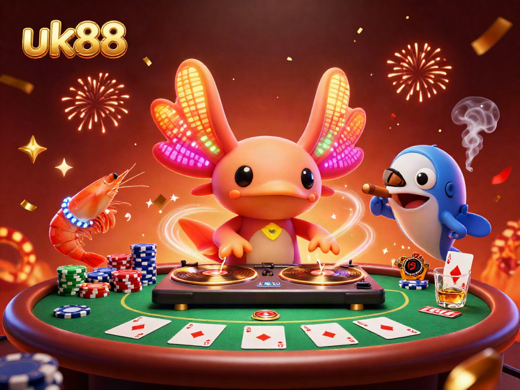 Experience the vibrant gaming world with uk88 through a lively 3D casino scene featuring spirited characters.