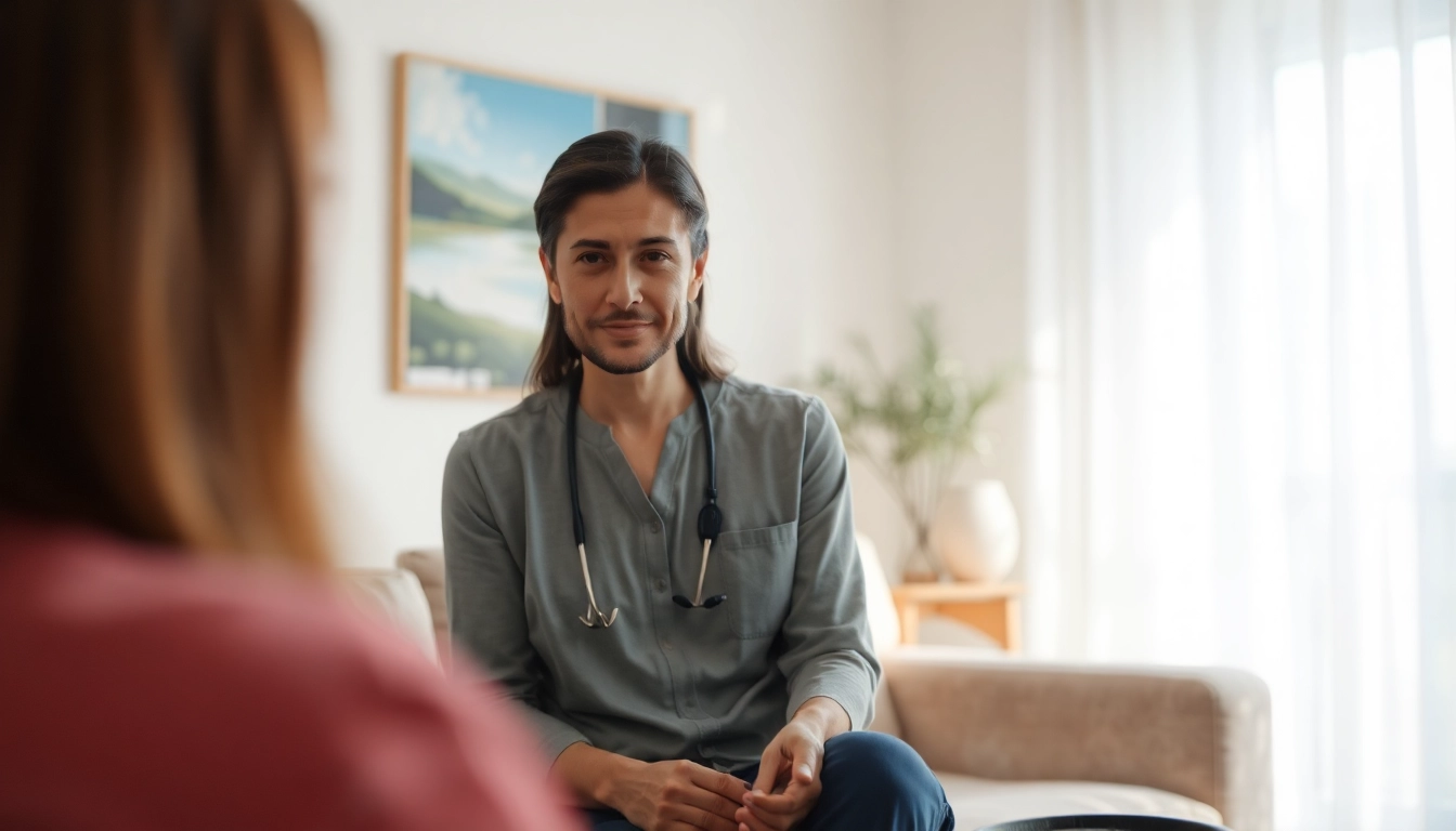 Reinkarnationstherapie: Therapeut leitet entspannende Sitzung im harmonischen Raum.