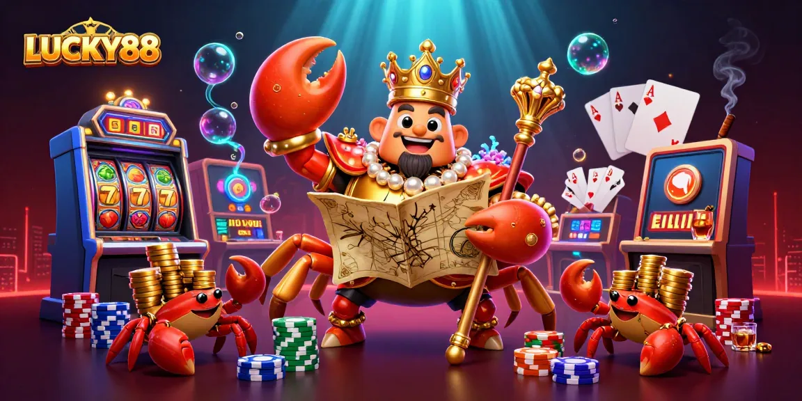 Experience thrilling gameplay with LUCKY88 as a golden crab emperor leads a vibrant casino scene filled with exciting slot symbols.