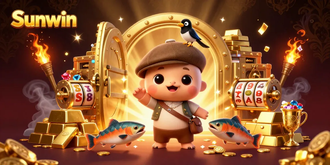 Experience the thrill with Sunwin; a vibrant 3D scene featuring Nessie, a magpie, and salmon amidst golden treasures and slot reels.