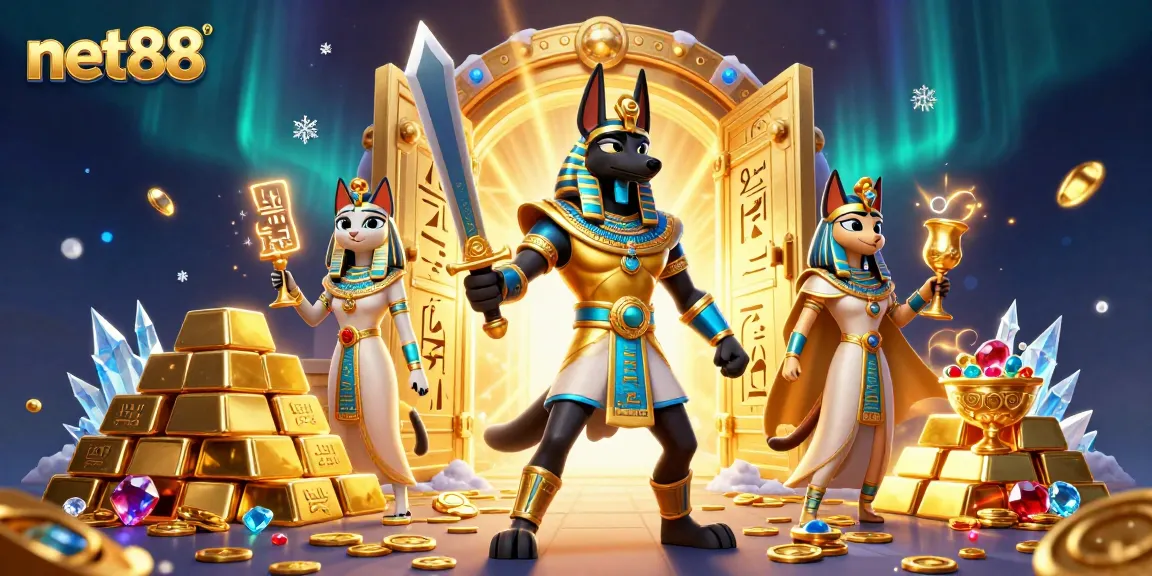 Experience excitement with net88's ancient Egyptian gaming theme, showcasing Anubis and treasures sparkling.