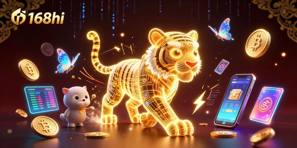 Experience the vibrant f168hi digital casino scene with a golden tiger and holographic elements.