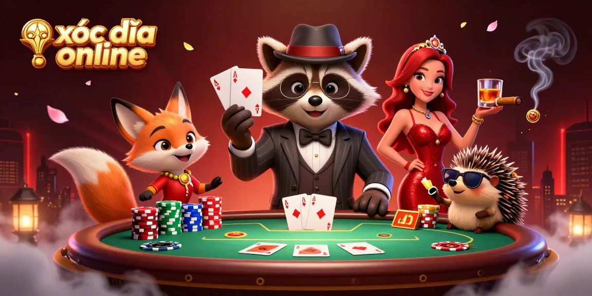 Experience xóc đĩa online thrills in this dynamic casino scene featuring a raccoon, fox, and hedgehog.
