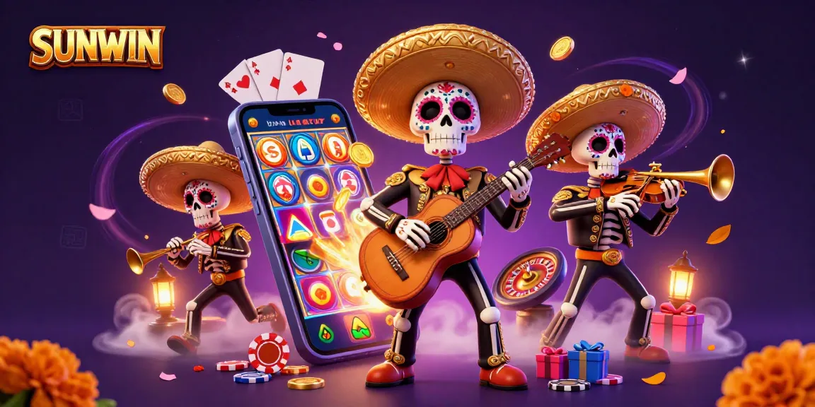 SUNWIN offers vibrant gaming with a Dia de los Muertos mariachi band amid dynamic casino elements.