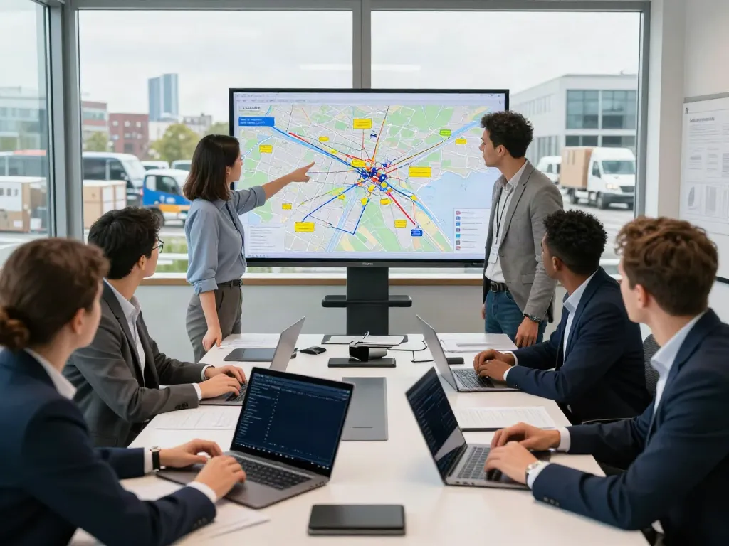 Professionelles Team einer Speditionsfirma in Stuttgart bespricht Transportstrategien bei Tageslicht.