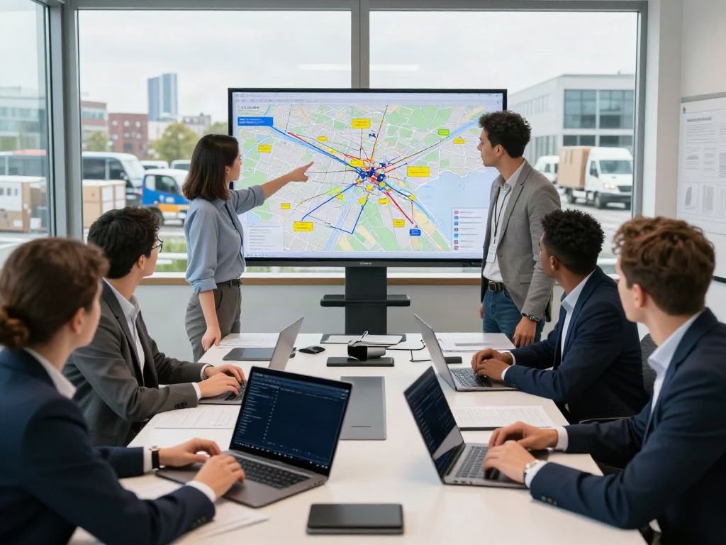 Professionelles Team einer Speditionsfirma in Stuttgart bespricht Transportstrategien bei Tageslicht.
