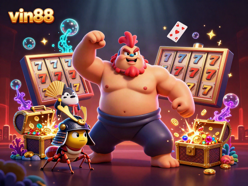 Experience thrilling gameplay at vin88 with powerful characters in a vibrant casino scene.